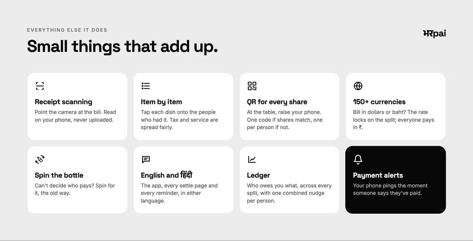 Receipt scanning, item by item splits, a QR for every share, 150+ currencies, spin the bottle, English and Hindi, a ledger and payment alerts.